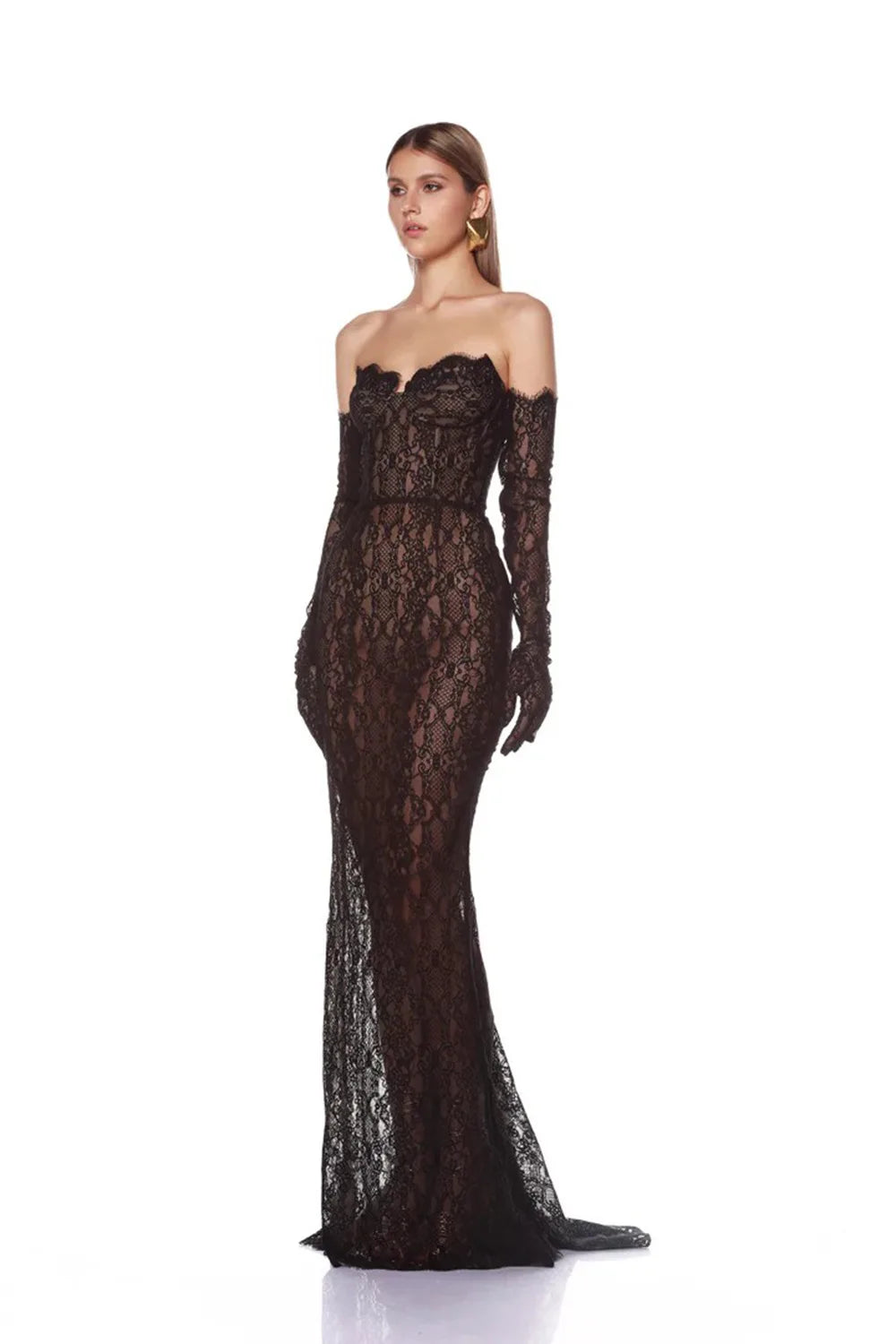 New Summer Black Color Women Sexy Strapless Lace Floor-length Mermaid Dress Gloves Elegant Evening Party Prom Outfit