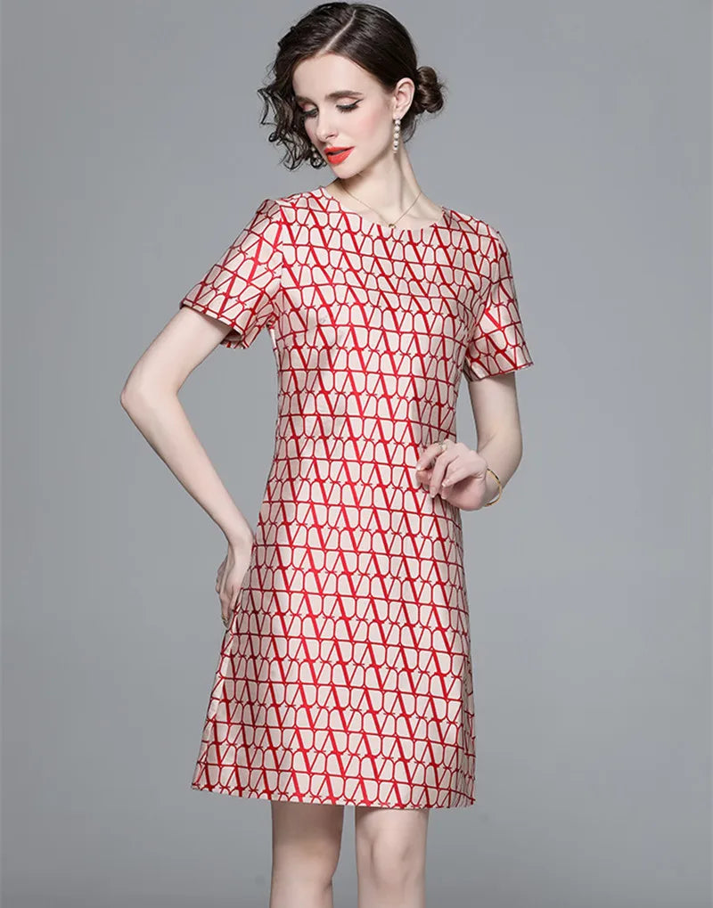 New Fashion Geometry Jacquard Short Sleeve Summer Dress Chic Elegant Temperament A-line Round Neck Dress Women Vestidos