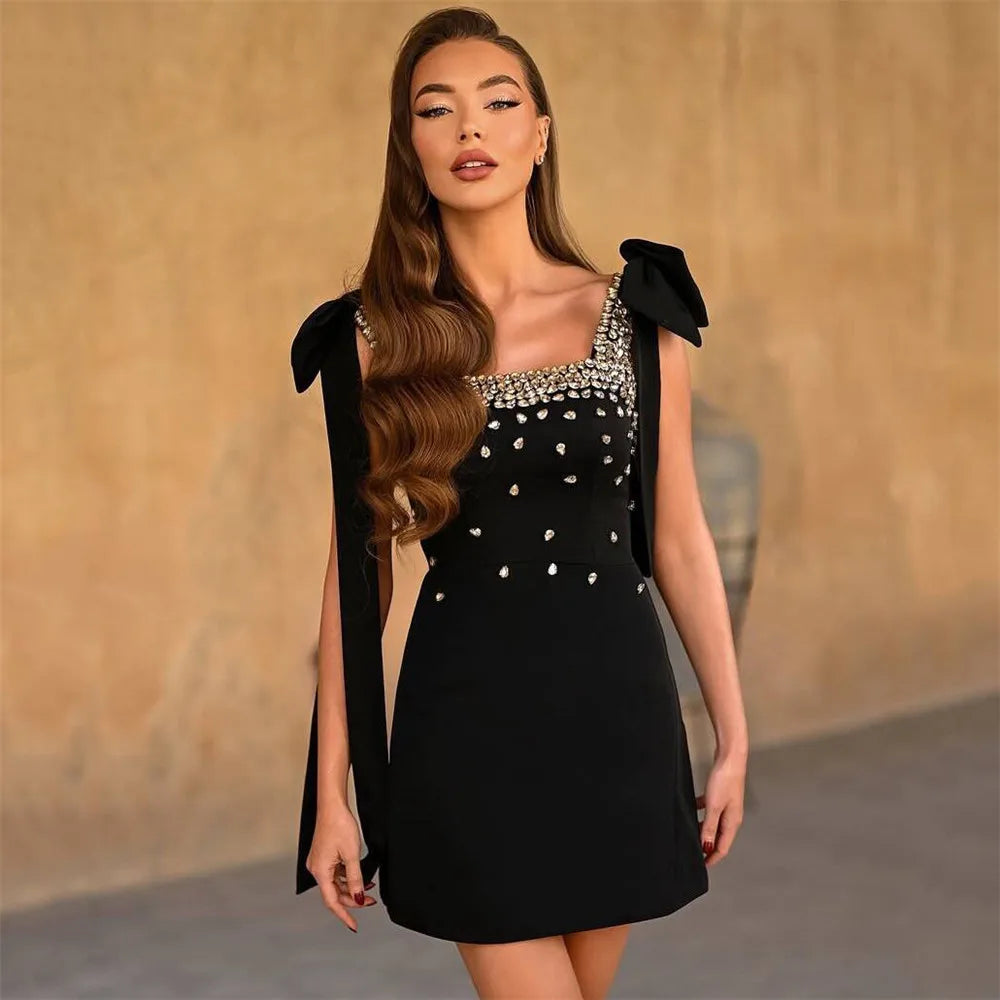 Black Color Women Sleeveless Square Collar Shinning Crystal Bodycon Mini Bandage Dress Nightclub Party Celebrate Birthday Wear