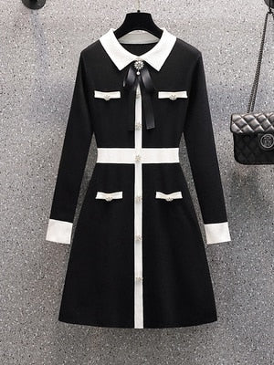 Petit parfum automne hiver tricoté Robe pull femmes noeud papillon boutons Vintage fête Mini Robe élégant décontracté Chic Robe Femme