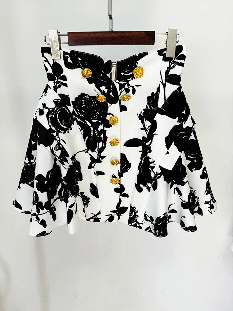 HIGH STREET Newest Runway Designer Fashion Women's Metal Rose Buttons Printed Floral Mini Skirt black white