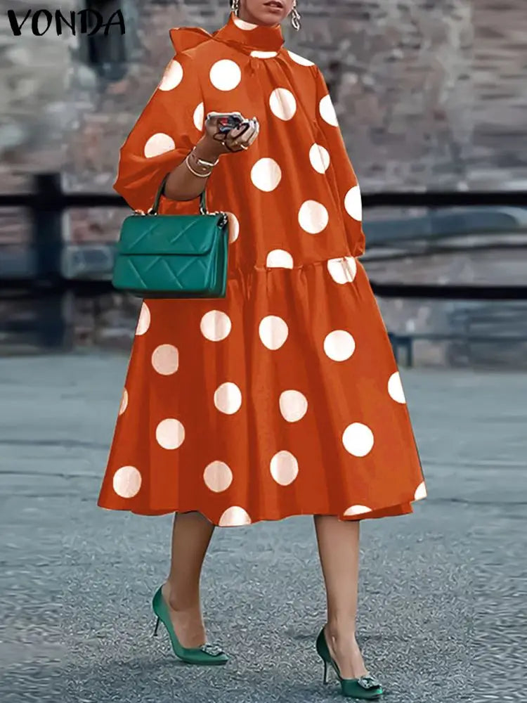 Women Bohemian Maxi Dress 2023 VONDA Fashion Sexy Printed Party Sundress Beach Holiday Dress Oversized Vestidos Femme A-Orange