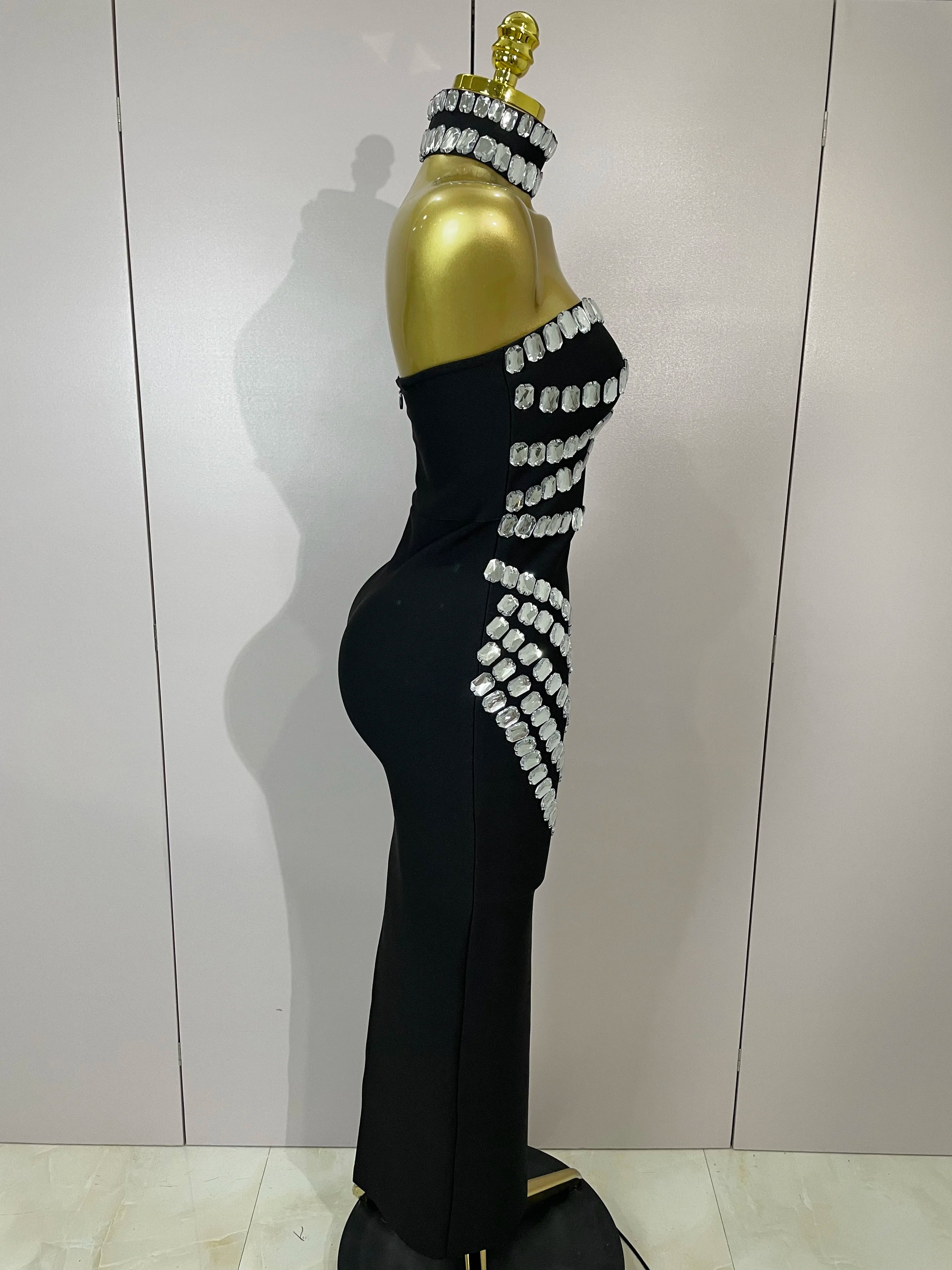 2025 Women Sexy Backless Strapless Black Beading Long Bandage Bodycon Dress Celebrity Elegant Evening Luxury Birthday Dresses