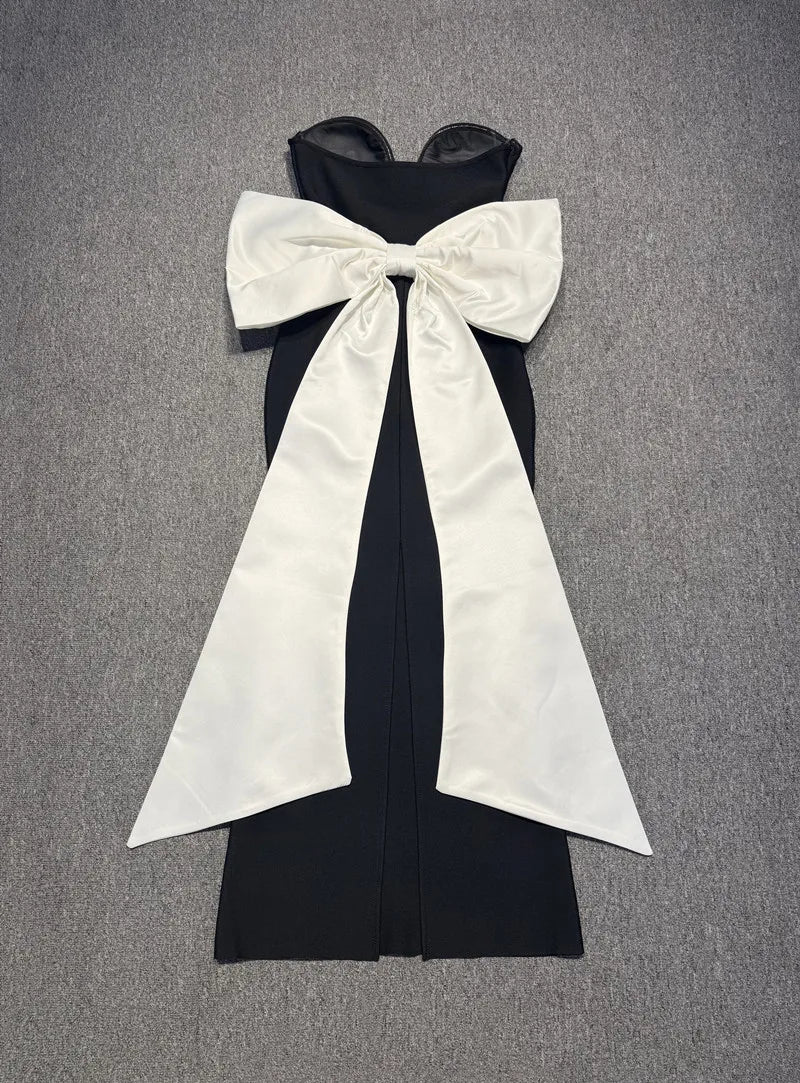 Top Quality Women Sexy Strapless Big White Bow Bodycon Long Bandage Dress Nightclub Party Celebrate Cocktail Outfit Vestido