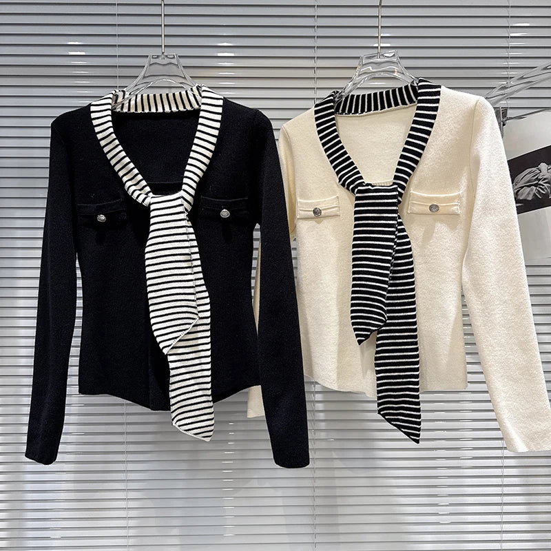 Winter New Fashion V-Neck Striped Tie Scarf Stretch Knitted Sweater For Women Versatile Slim Fit Cardigan 11A07931