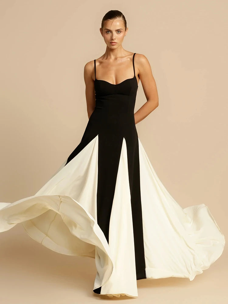 Color Block Spaghetti Straps Long Dress For Women Backless A-Line Maxi Celebrity Cocktail Party Evening Gowns Casual Vestidos
