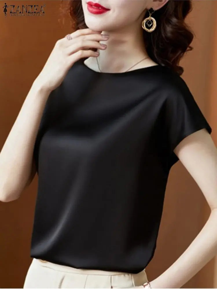 ZANZEA Summer Fashion Blouse Elegant Short Sleeve Satin Shirt Women Stylish OL Work Shirt Female Party Blusas Tunic Chemise