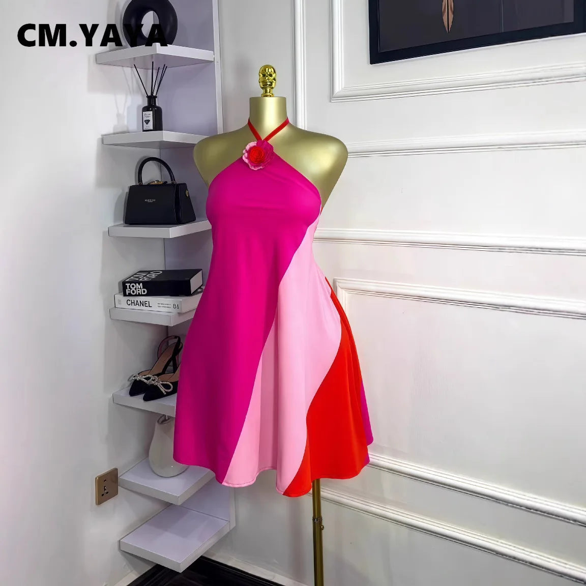 CM.YAYA Women Colorblock Halter Neck Backless Floral Applique A-line Mini Dress 2025 Summer Vacation Birthday Sexy Party Dresses