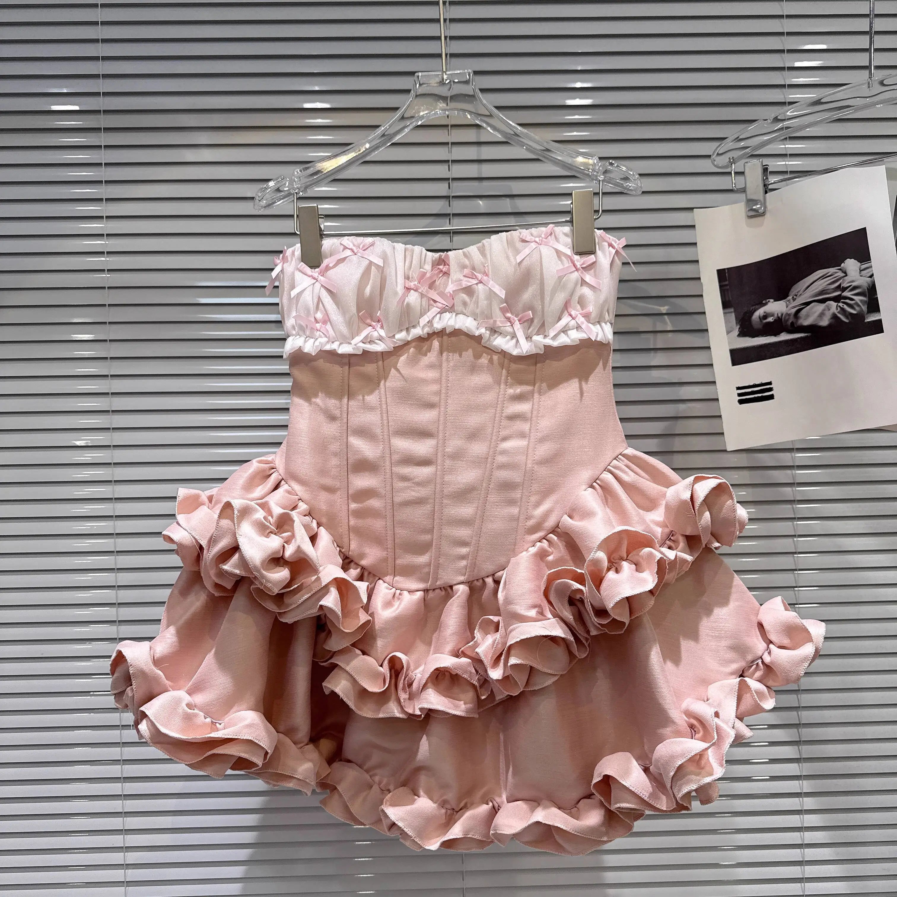 Winter New Sweet Three-Dimensional Bow Fishbone Waist Puff Strapless Dresses For Women Backless Dress Female 11A07498 Pink