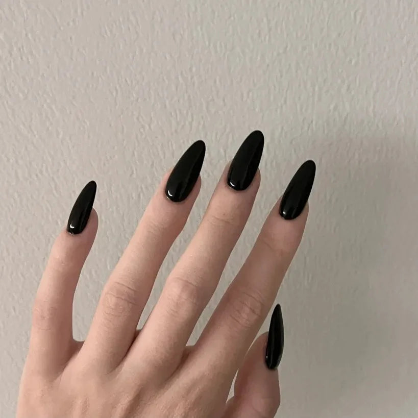24Pcs Black French Simple Gradient Nail Art Set with Glue Mid-length Almond Fake Nails Wearable Fashion Glossy Acrylic Nail Tips 6
