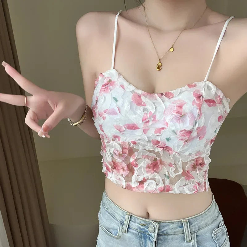 Summer Sweet Floral Corset Vest Office Lady Beach Style Sleeveless Blouse Women Vintage Lace Slim Crop Top Korean Fashion