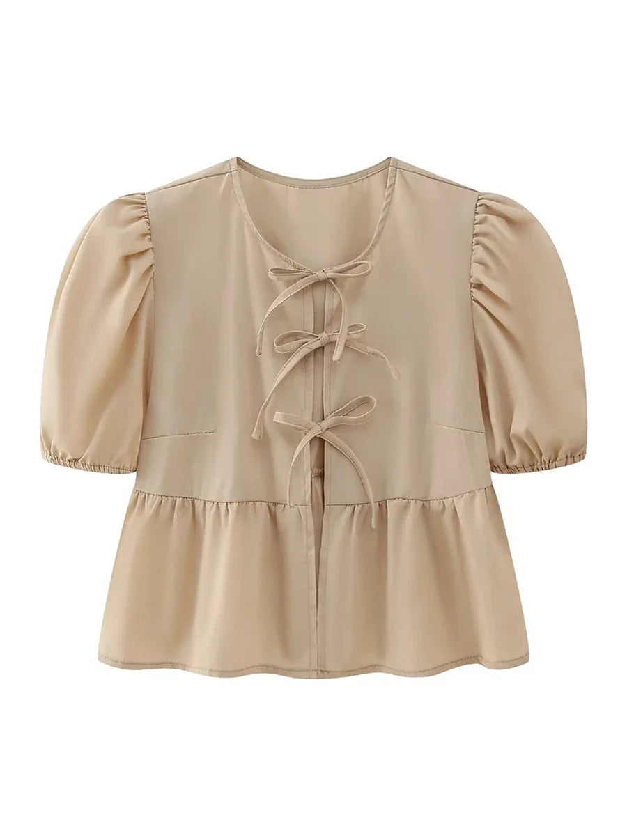 wsevypo Chic Summer Babydoll Shirts Solid/Stripe Short Women's Puff Sleeve Round Neck Tie-Up Front Peplum Blouses Top for Street J