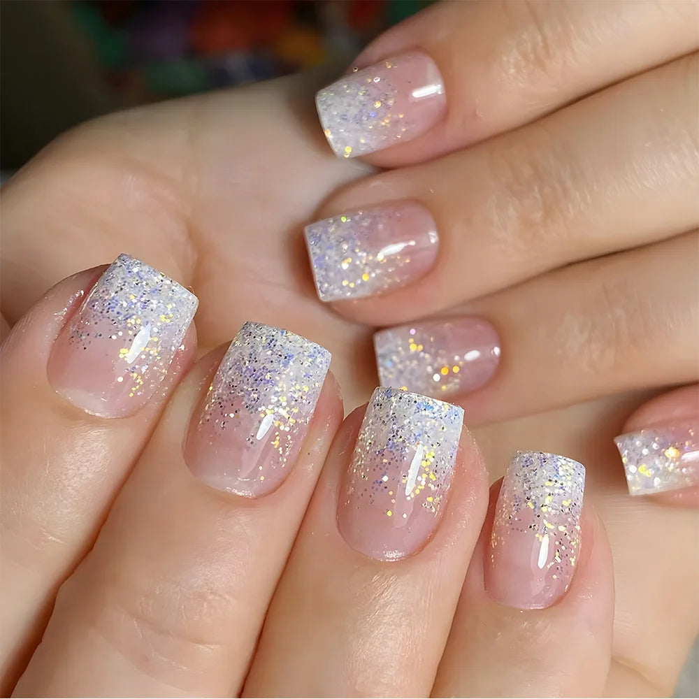 24pcs/set short medium fake nails shinny sparkling glitter square ballet nail tips starry star cat eyes press on false nail art 1577