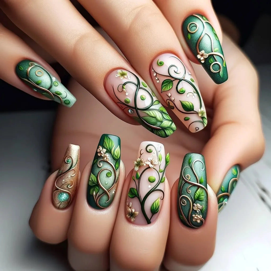 24pcs/set Medium long fake nails Gradient blue ocean fish sun flowers butterfly square ballet summer tips press on false nail 2383