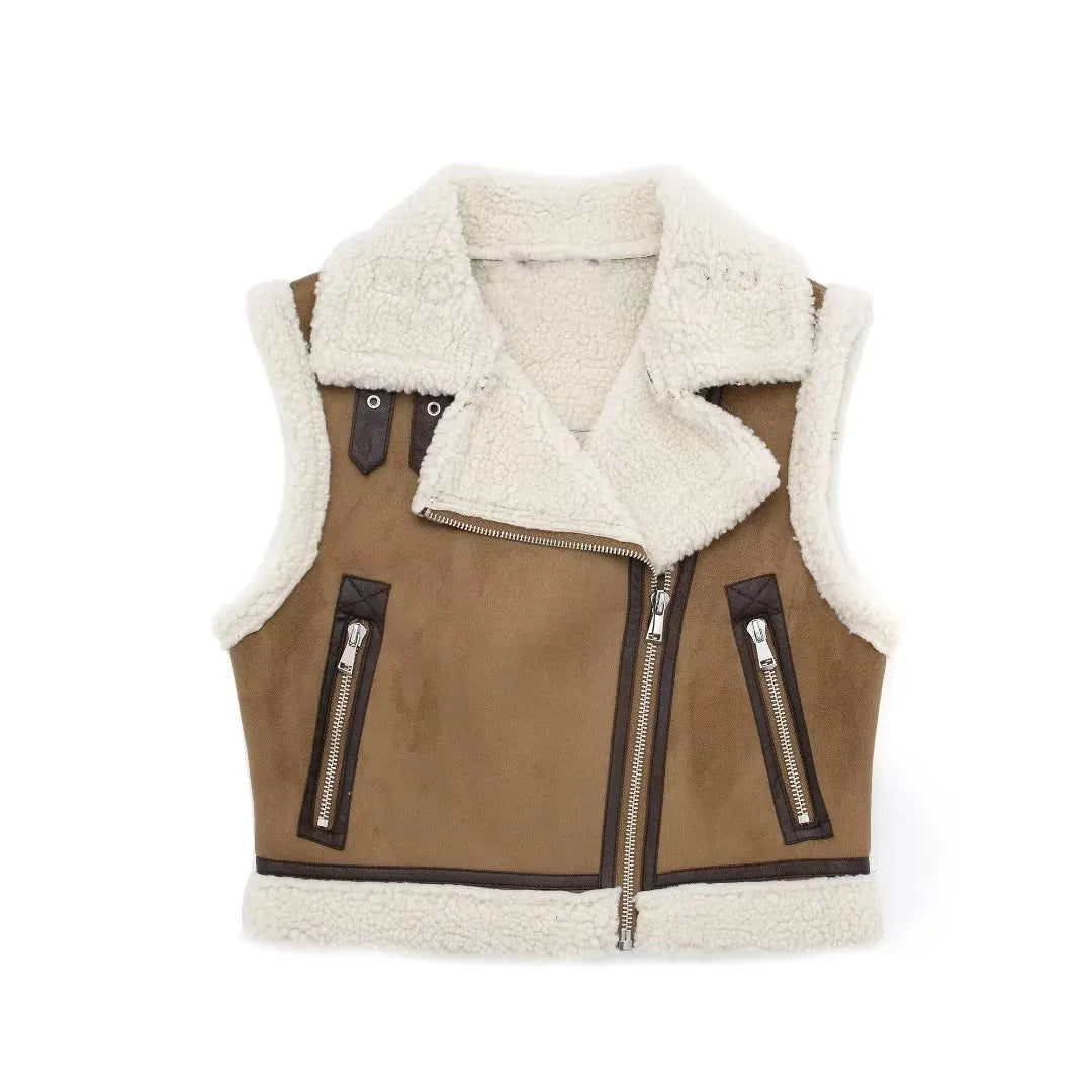 Woman Faux Leather Lambswool Patchwork Sleeveless Vest Autumn Jackets Female Fashion Thickening Warm Zip Waistcoats Coat brown