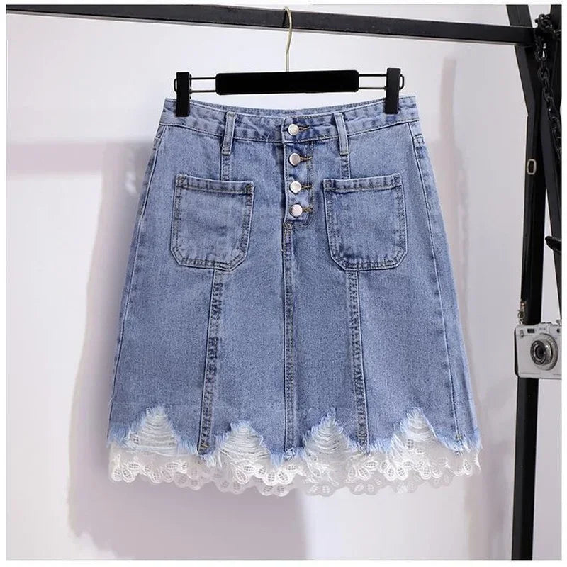 Women's Skirt Ripped Skirts for Woman Lace Clothes with Pocket Blue Patchwork Premium Luxury New in Harajuku Korean Style A Line One piece skirt