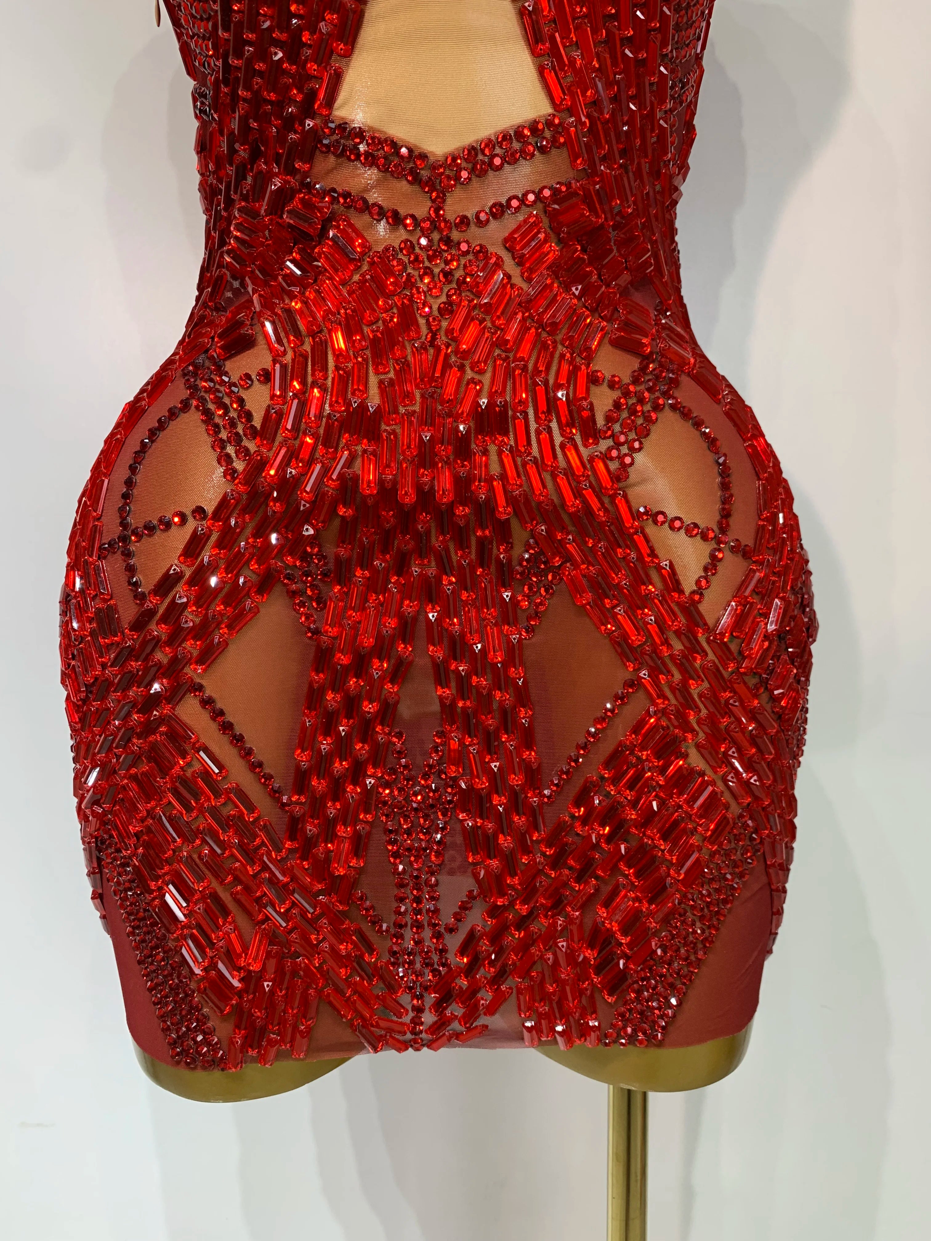 Luxury Rhinestones Sexy Mesh See Through Mini Dress Women Celebrate Birthday Evening Party Dress Stage Performance Costume