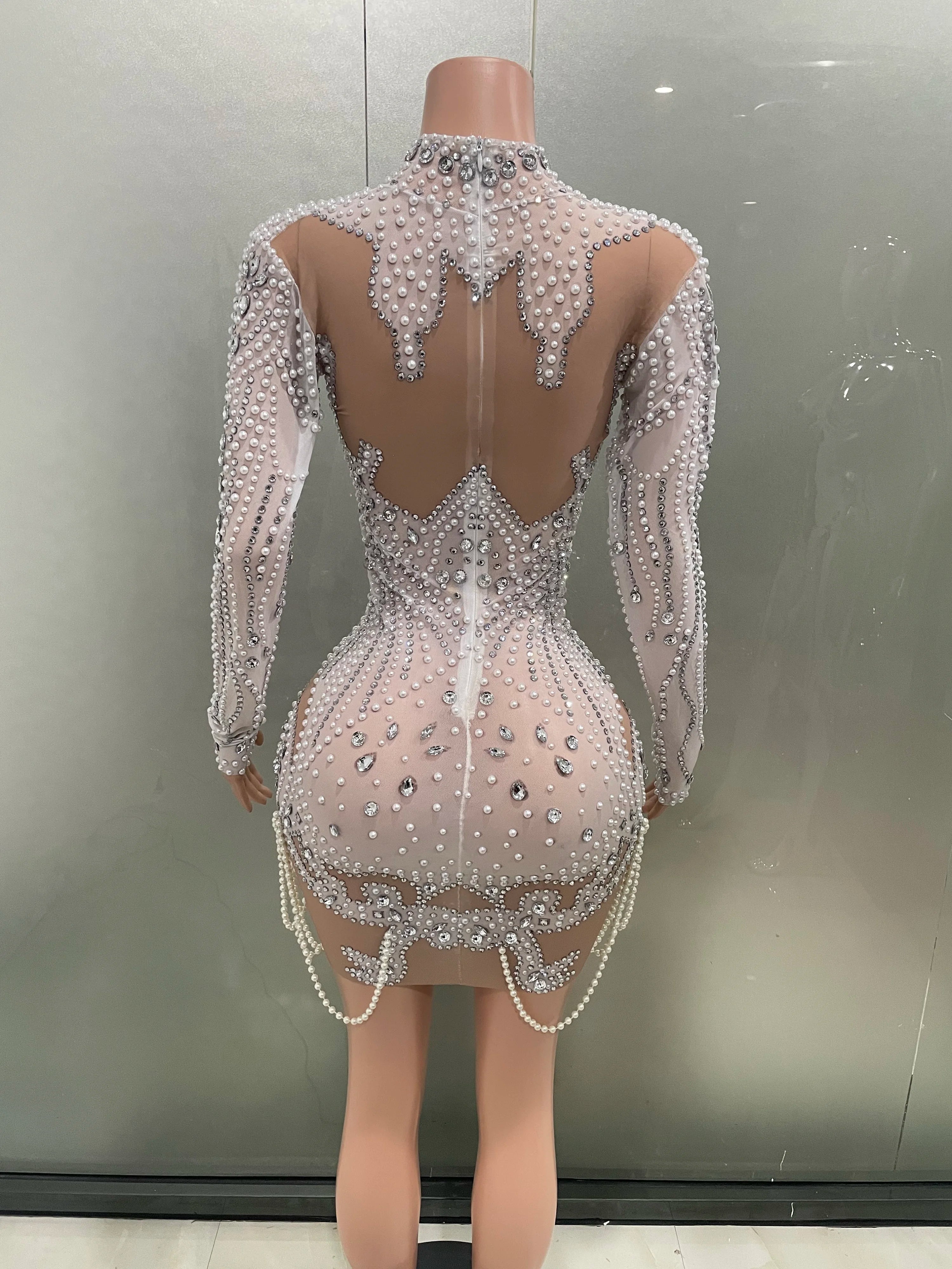 STOCK White Color Women Long Sleeve Sexy Mesh Beading Bodycon Mini Dress High Stretch Celebrate Birthday Party Dress
