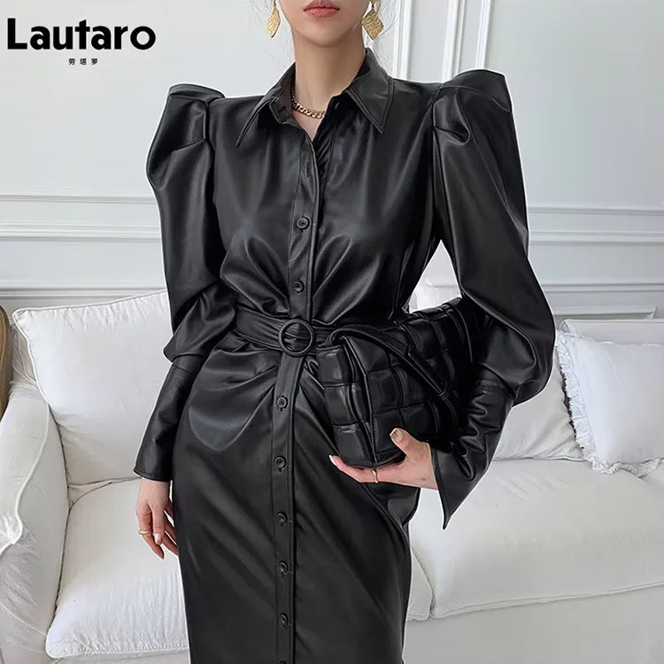 Lautaro Spring Autumn Long Fitted Soft Black Stretchy Pu Leather Shirt Dress Women Puff Sleeve Elegant Luxury Designer Clothes