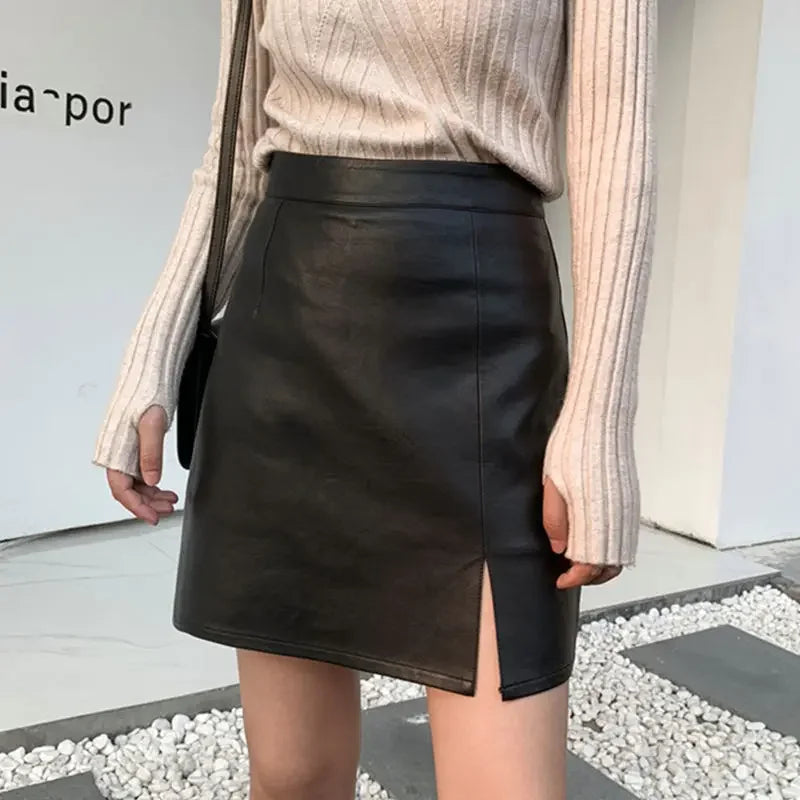 Slit Leather Skirt Female Autumn Winter New A- line Skirt Office Lady Sheath High Waist Slimming Skirt Mujer Faldas black