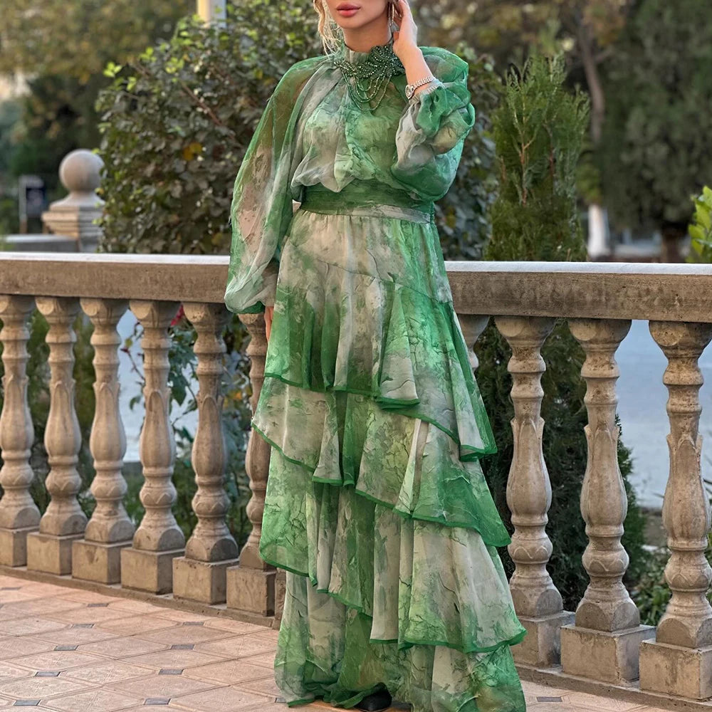 Hit Color Sheer Spliced 3D Flower Dresses for Women Round Neck Long Sleeves Patchwork Ruffles Folds Dress Female