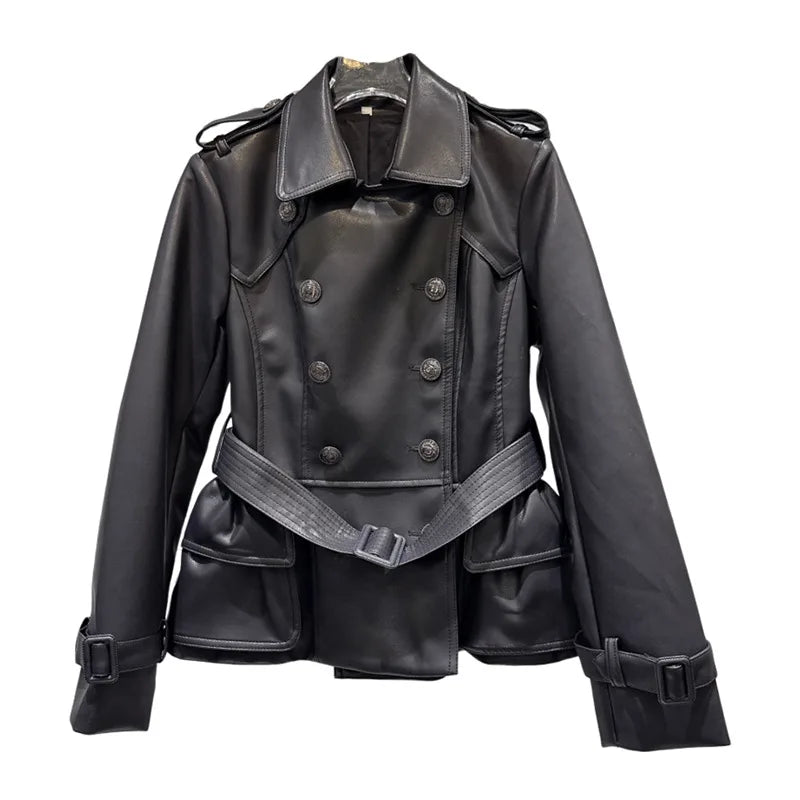 Winter New Fashion Style Double-Breasted Lace-Up Waist PU Leather Jacket For Women Elegant Windbreaker Female 11A07478