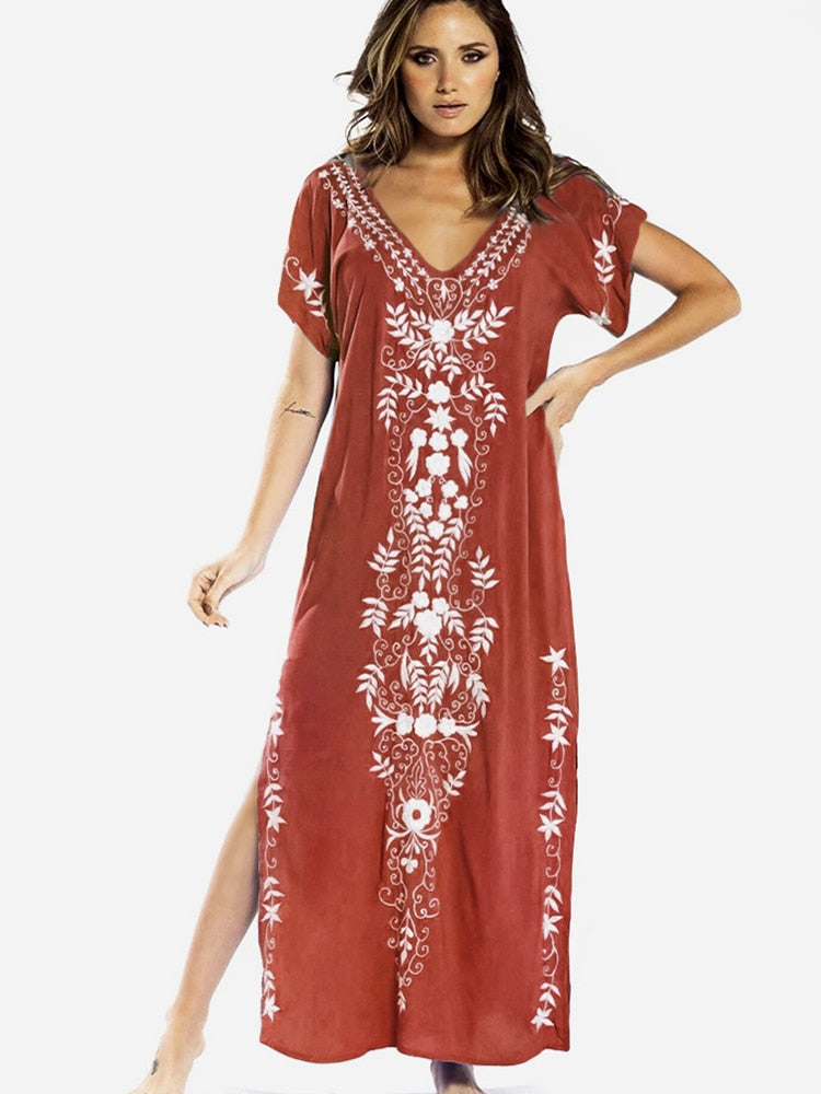 Robe De Plage Embroidery Beach Cover Up Sarong Women Beach Pareo Tunic For Beach Swimwear Rust red One Size