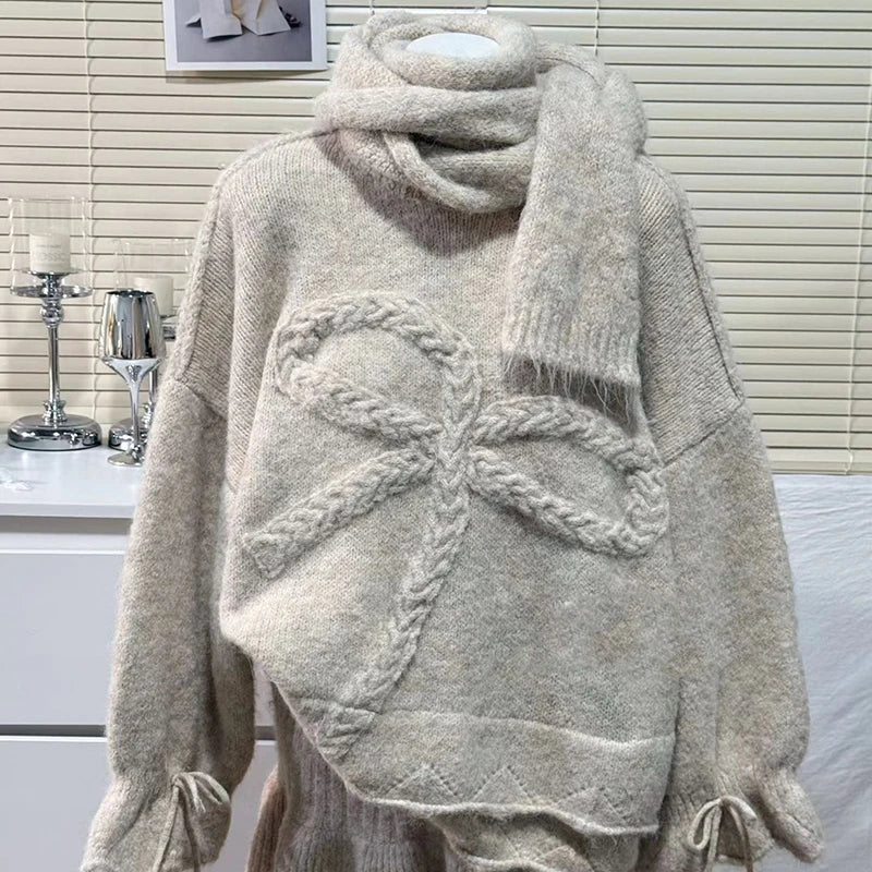 Autumn Winter New Style Scarf Bow Sweater Pullover Solid Color Knitted Skirt Three-Piece Set Set For Women 11A07911