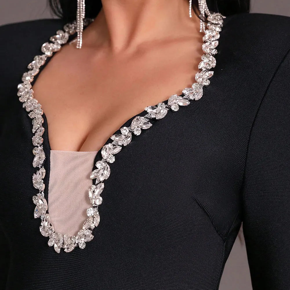 2025 Elegant Women's Light Luxury Nail Diamond Design Bandage Dress U Neck Long Sleeve Bodycon Long Dress Evening Party Vestidos