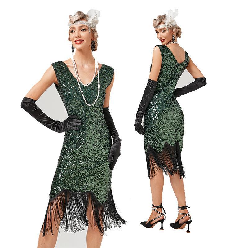 Robe Vintage à franges pour femmes, tenue d'été des années 1920, à franges, pour bal de fin d'année, fête de mariage, paillettes perlées, col rond, Costume des années 30