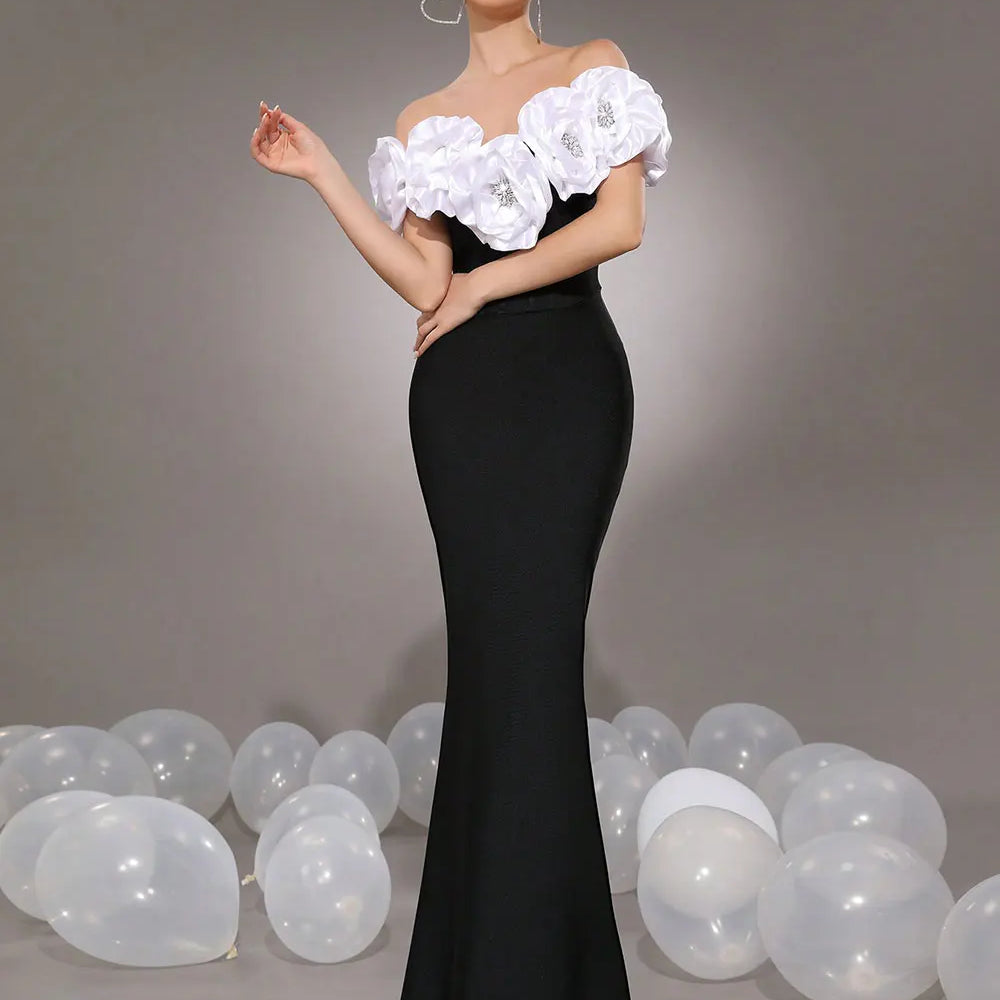 2025 Elegant Women's Light Luxury Flower Design Bandage Dresses One Collar Shoulder Bodycon Bareback Long Dress Party Vestidos