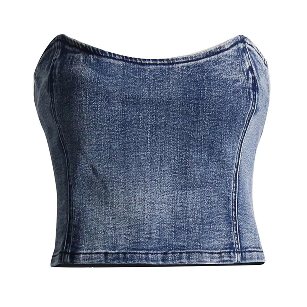 Denim Vintage Two Piece Sets For Women Strapless Sleeveless Tops High Waist Spliced Pockets Pant Casual Set Female BLUE 1