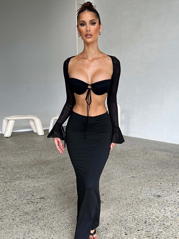 Townlike Yellow Backless Sexy Two Piece Set Lace Up Top Hollow Out Long Skirt Women Set Elegant Party 2 Piece Set Women Set Black