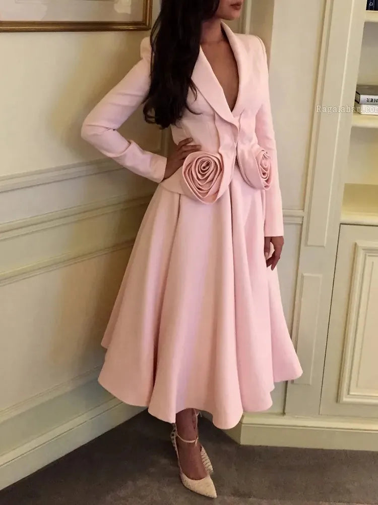 Elegant Two Piece Set For Women Shawl Collar Long Sleeve Spliced Appliques Top High Waist A Line Skirt Slim Sets