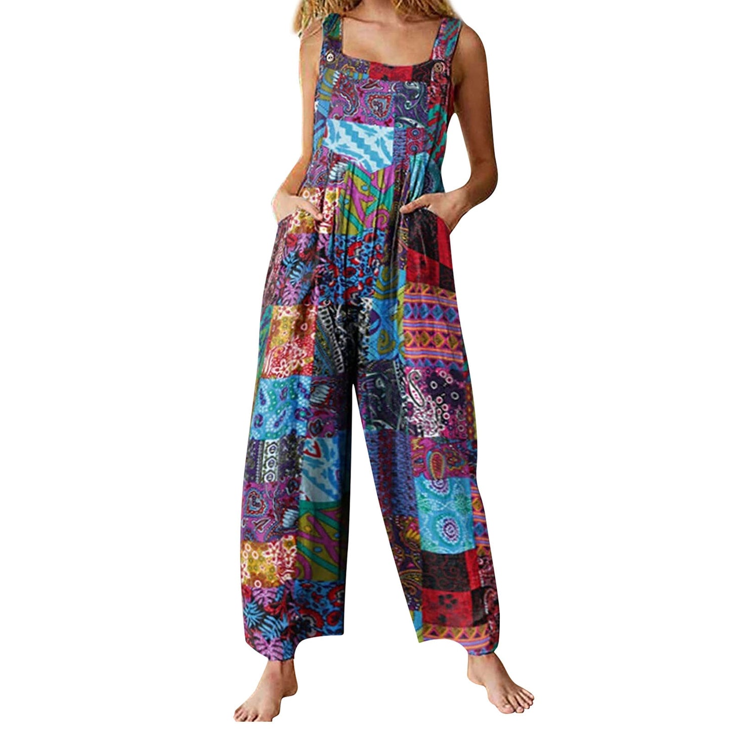 Women Ethnic Style Jumpsuits Summer Overalls Multicolor Square Neck Sleeveless Casual Rompers with Pockets for Girls Playsuit