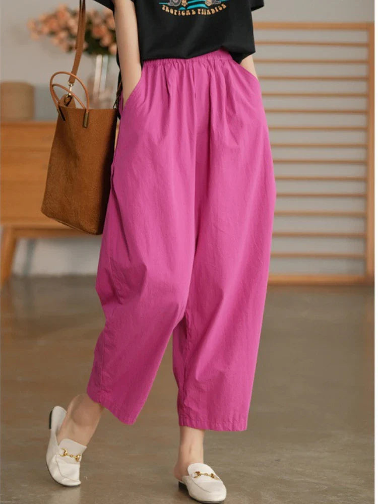 Women Summer Pants New High Waist Wide Leg Retro Cropped Trousers Casual Loose Baggy Cotton Linen Pants for Women Bottoms Rose Red