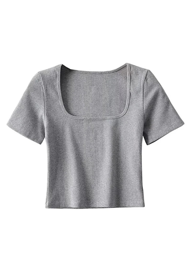 Women Square Neck Rib Crop T-shirt Short Sleeve Crop Top light grey