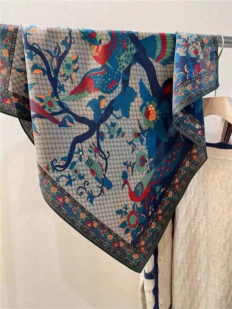 BYSIFA| New Grey Blue Silk Scarf Fashion Floral Design 70cm Square Scarves Fall Winter Neck Scarf Hijab Sweet Headband 65*65cm