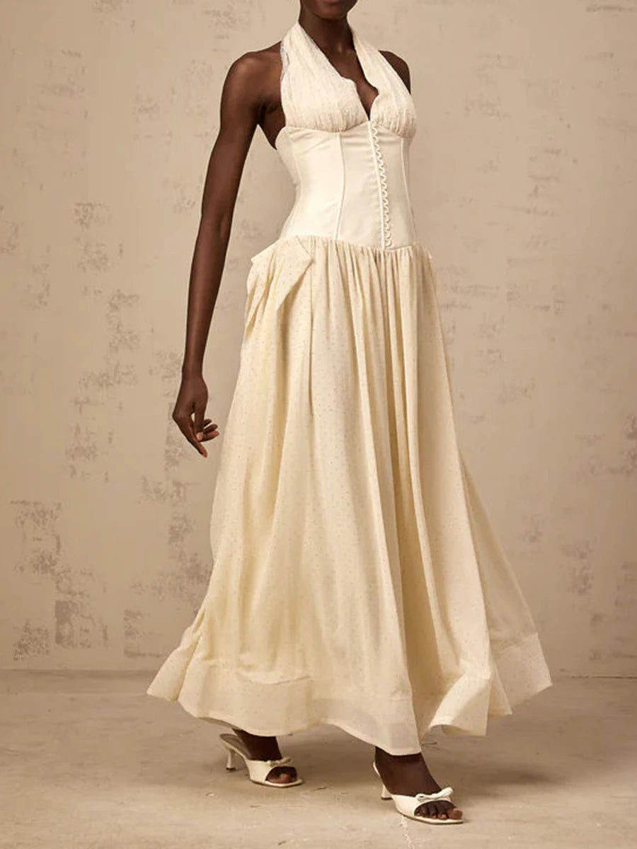 Solid Slimming Temperament Dresses for Women Halter Neck Sleeveless Patchwork Folds Tunic Elegant Dress Female New