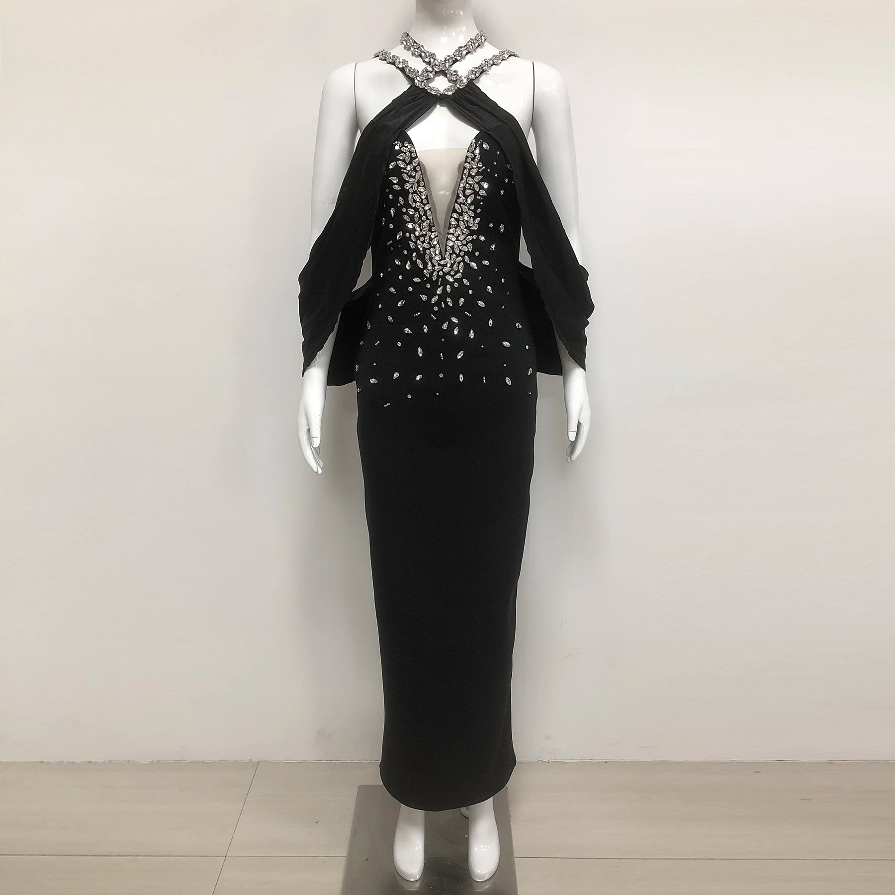 Eye-Catching Off-Shoulder V-Neck Hot Pink & Black Dress with Crystal Party Evening Gown black