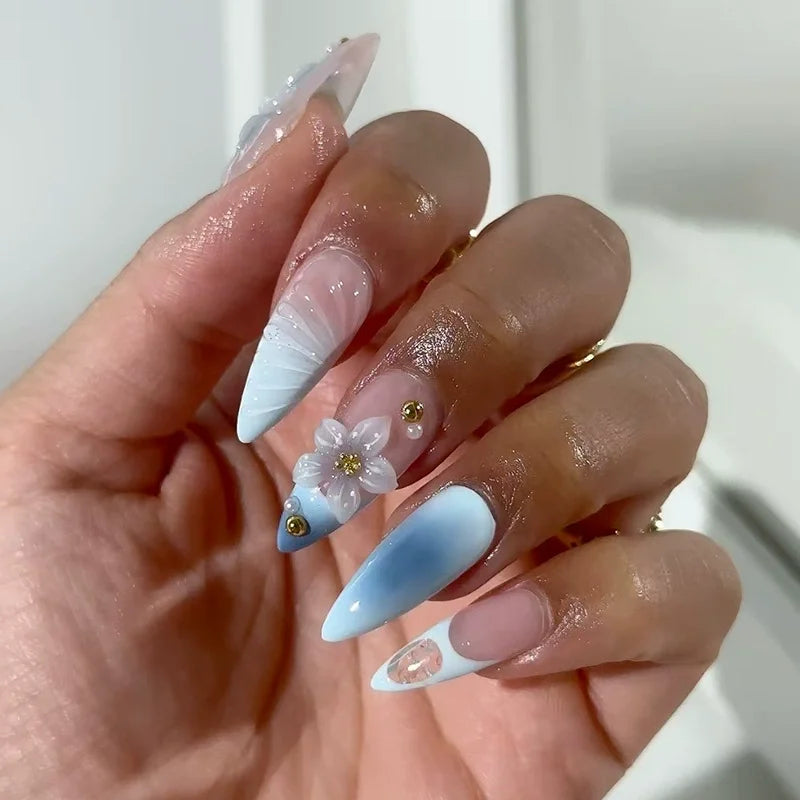 24Pcs 3D Shell Pattern Fake Nails with Starfish Gorgeous Pearl Flower Sweet Oval Nails Tips Reusable Short French Manicure Art 1