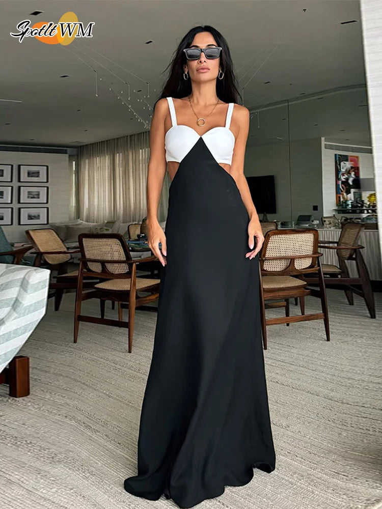 Elegant Lady Contrast Hollow Out Slim Long Dress Fashion Sleeveless Bodycon Maxi Robes Summer 2025 Party Vacation Women Dresses