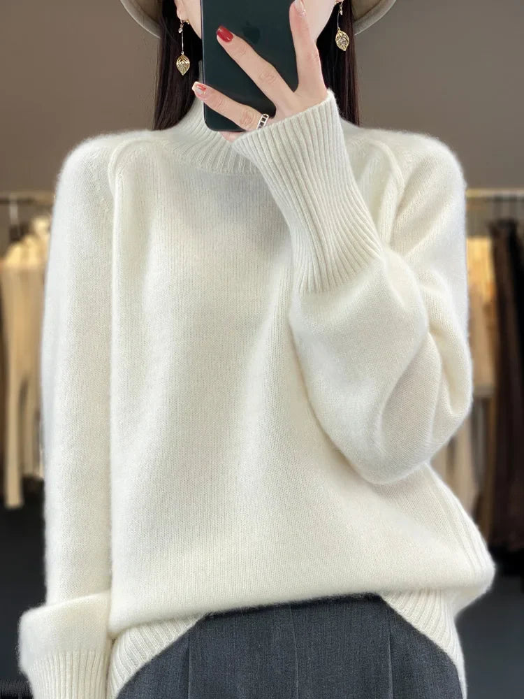 Women Turtleneck Sweater Autumn Winter Basic Pullover 100% Merino Wool Long Sleeves Cashmere Knitted Jumper Female Clothing Tops WHITE