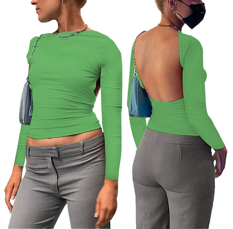 Y2K Sexy Backless Crop Top Women Casual 2023 Summer Short Sleeve O Neck T Shirts Streetwear Fit Slim Pullovers Base Tees T-Shirt