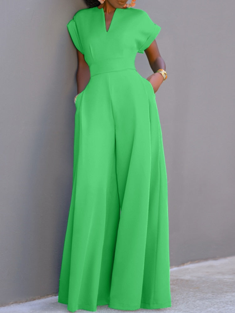 Summer Holiday Overalls Casual Elegant Playsuit Women Short Sleeve Long Rompers Commuting Wide Leg Pants Jumpsuits Green