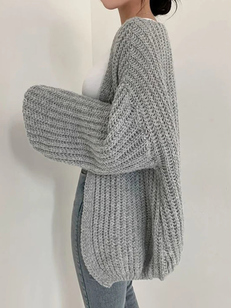 Women Cardigan Sweater Coat Casual Loose Knitted Solid Coat Autumn Winter For Women Lantern Sleeve Sweet Overcoat