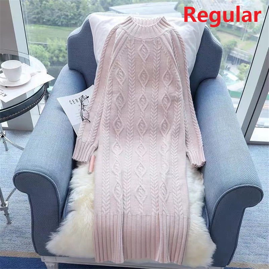 Winter Thicken Plus Velvet Sweater Dress Women's Fall Mock Neck Rib Knit Bottoming Dresses Elegant Warm Vestido Midi With Coats pink