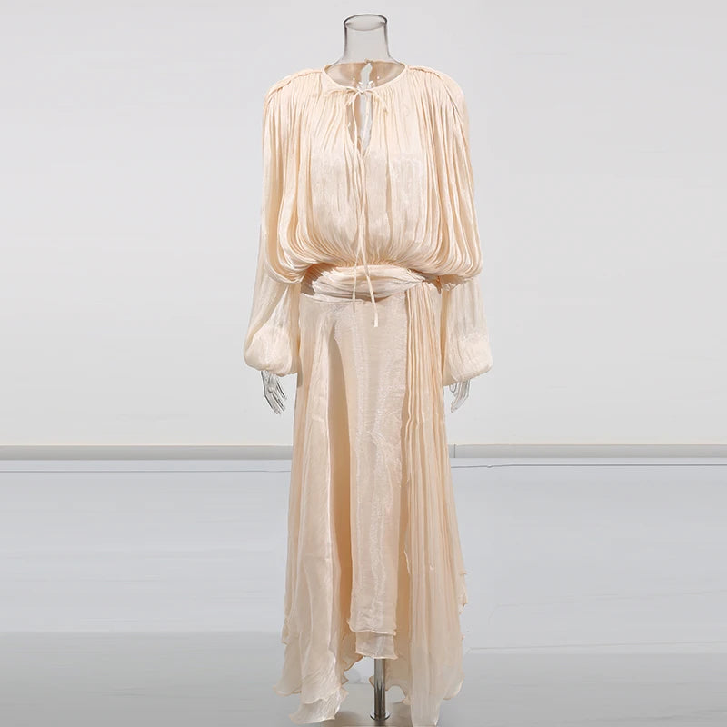 Solid Loose Spliced Folds Elegant Dresses for Women Round Neck Long Sleeves Patchwork Lace Up Dress Female Fashion