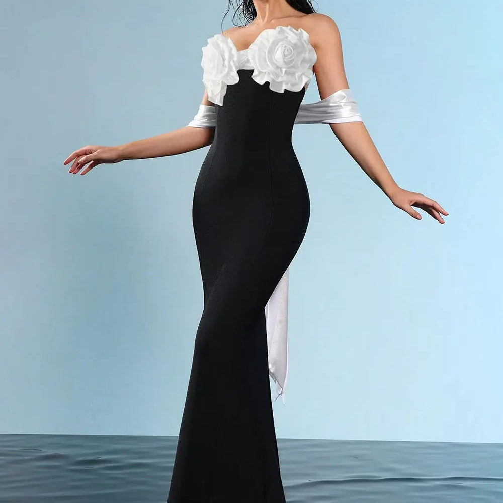 2025 Sexy Women'S Three-Dimensional Flower Design Bandage Dress Strapless Shoulder Strap Sleeve Bodycon Backless Long Dresses