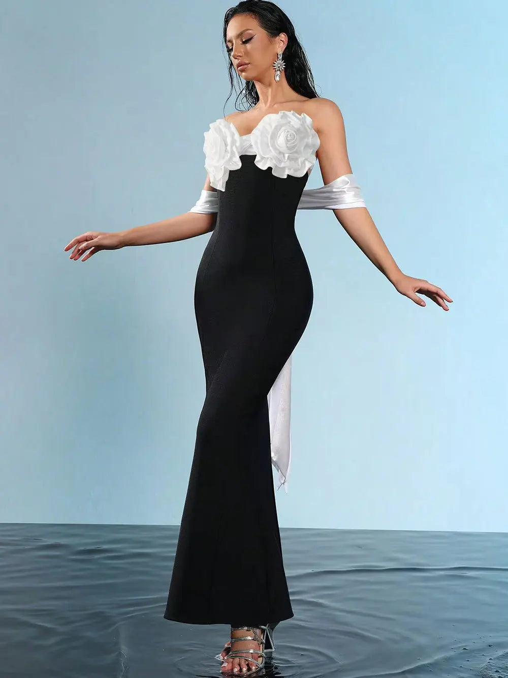 2025 Sexy Women'S Three-Dimensional Flower Design Bandage Dress Strapless Shoulder Strap Sleeve Bodycon Backless Long Dresses